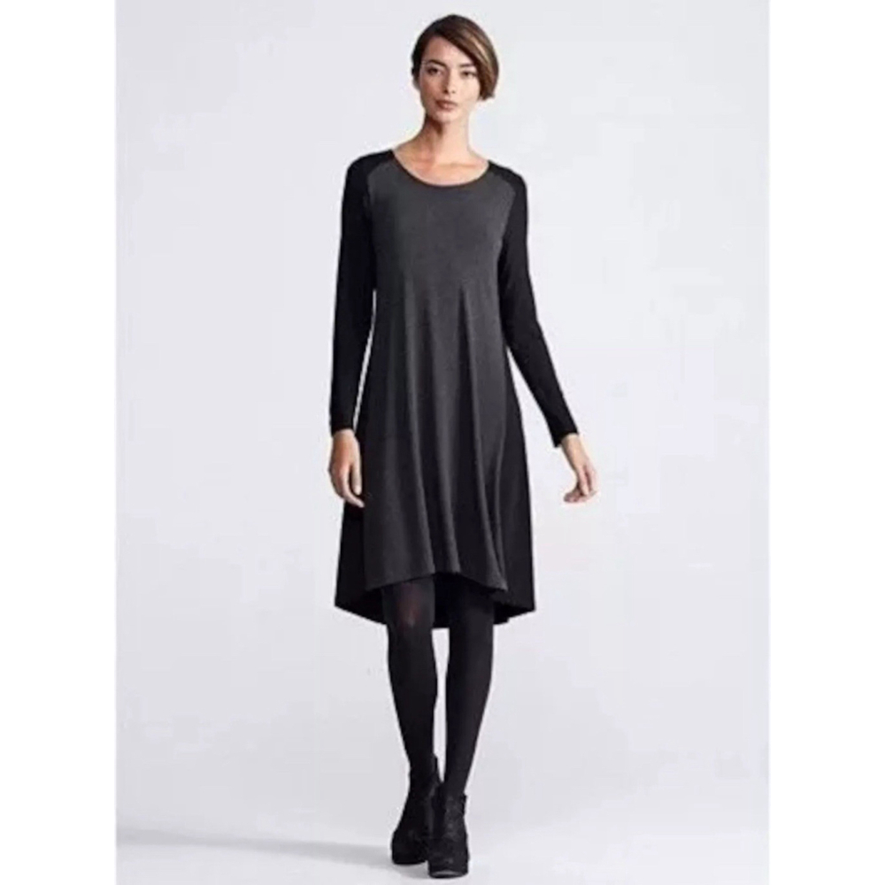 Eileen Fisher Soft V-Neck Jersey Dress Size PS Charcoal Black Colorblock $298